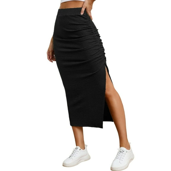 Mohiass Pencil Midi Skirt for Women 2025 Fall Casual High Waist Ruched Ribbed Knit Stretchy Bodycon Skirt with Slit Black L