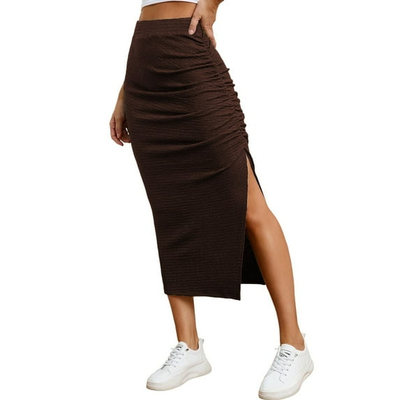 Mohiass Pencil Midi Skirt for Women 2025 Fall Casual High Waist Ruched Ribbed Knit Stretchy Bodycon Skirt with Slit Coffee L