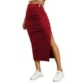 thumbnail image 1 of Mohiass Pencil Midi Skirt for Women 2025 Fall Casual High Waist Ruched Ribbed Knit Stretchy Bodycon Skirt with Slit Red S, 1 of 6