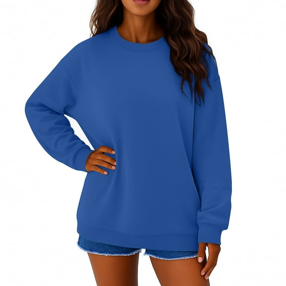 Mohiass Plain Sweatshirt Women Cute Soild Color Baggy Buttery Soft Fleece Cotton Lightweight Trendy Comfy Pullover Tops Dark Blue M