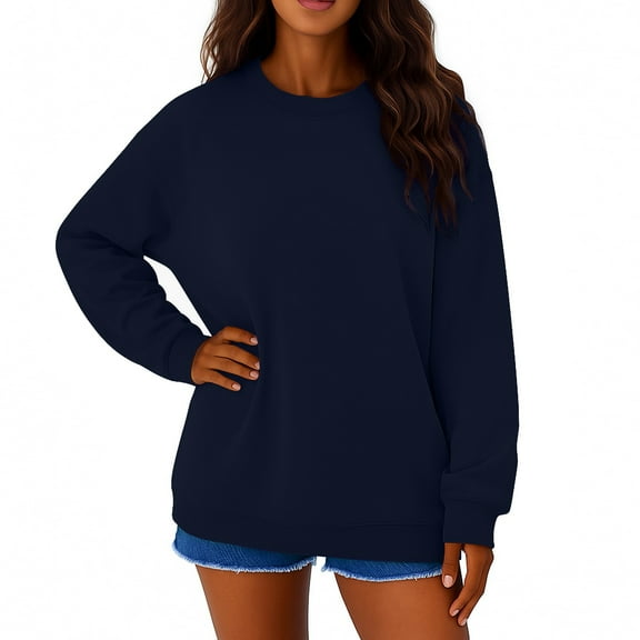 Mohiass Plain Sweatshirt Women Cute Soild Color Baggy Buttery Soft Fleece Cotton Lightweight Trendy Comfy Pullover Tops Navy XL