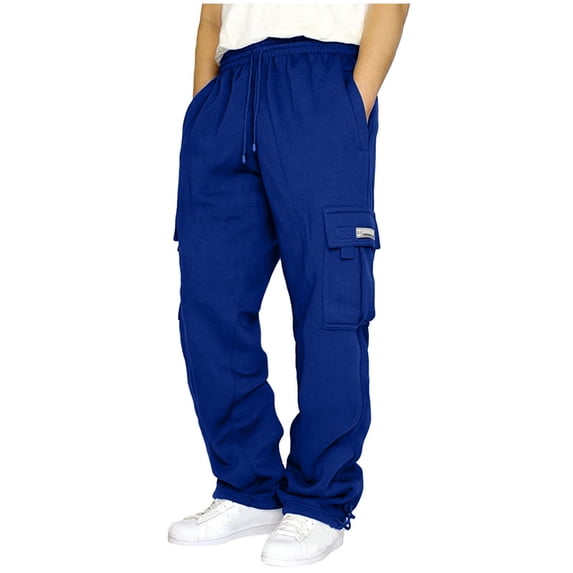Mohiass Fleece Cargo Sweatpants for Men Fall Winter Fashion 2026 Drawstring Baggy Joggers Workout Athletic Pants Blue 4XL
