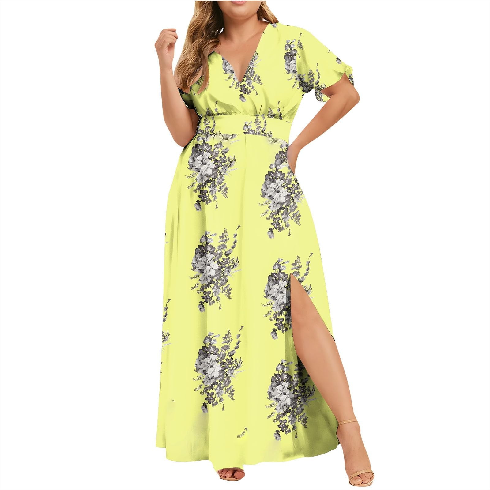 Mohiass Plus Size Summer Dresses for Women Short Sleeve V Neck Split