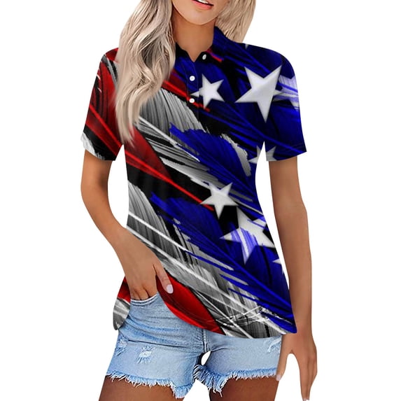 Mohiass Polo Shirts for Women 2024 Short Sleeve Summer Tops Button V Neck Business Casual Collared Shirts Dressy Blouses Blue 3XL