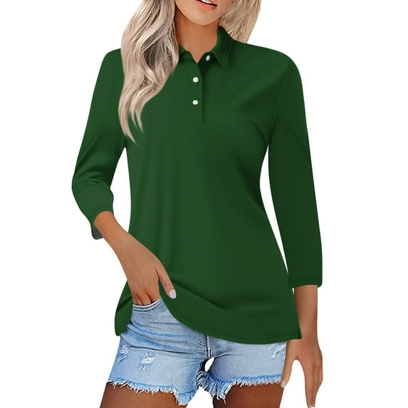 Mohiass Polo Shirts for Women 2024 Trendy 3/4 Length Sleeve Womens Tops Button V Neck Business Casual Fall Blouses Army Green 3XL
