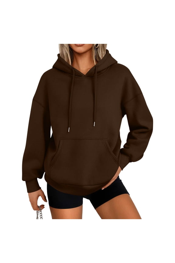 Pullover Hoodies for Women Oversized Fall Trendy 2025 Hooded Sweatshirts Drawstring Fleece Lined Preppy Clothes Coffee M