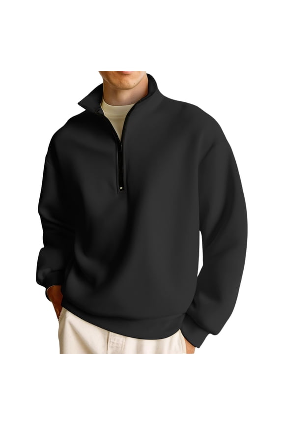 Quarter Zip Pullover Men Long Sleeve Mock Neck Oversized Sweatshirt Fall Casual Fleece Athletic Sweatshirts Black L