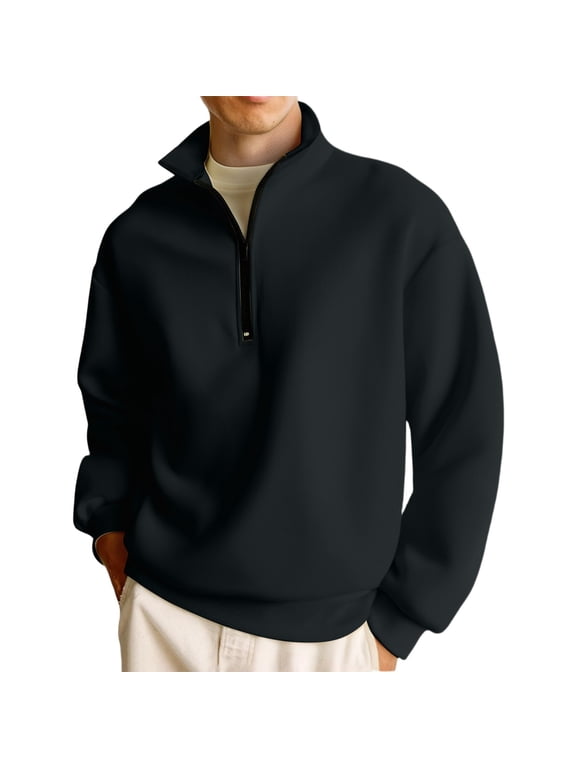 Quarter Zip Pullover Men Long Sleeve Mock Neck Oversized Sweatshirt Fall Casual Fleece Athletic Sweatshirts Black XL