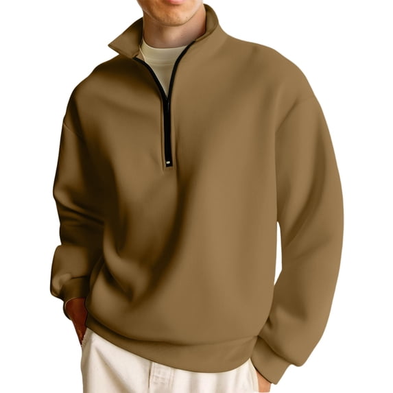 Mohiass Men's Fleece Lined Sweatshirts Fleece Pullover Basic Tops Quarter Zip Crewneck Winter Sweatshirt Light Brown 3XL