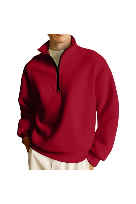 Quarter Zip Pullover Men Long Sleeve Mock Neck Oversized Sweatshirt Fall Casual Fleece Athletic Sweatshirts Red M