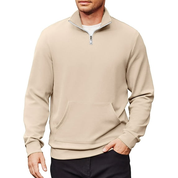Mohiass Quarter Zip Pullover Men Vintage Mock Neck Winter Golf Collared Fall Casual Long Sleeve Polo Shirts Khaki 3XL