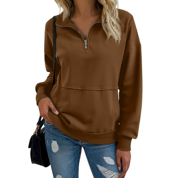 Mohiass Quarter Zip Pullover Women Loose Lightweight Sweatshirts Oversized Fleece Lined Y2K Hoodie with Pocket Fall Clothes Brown M
