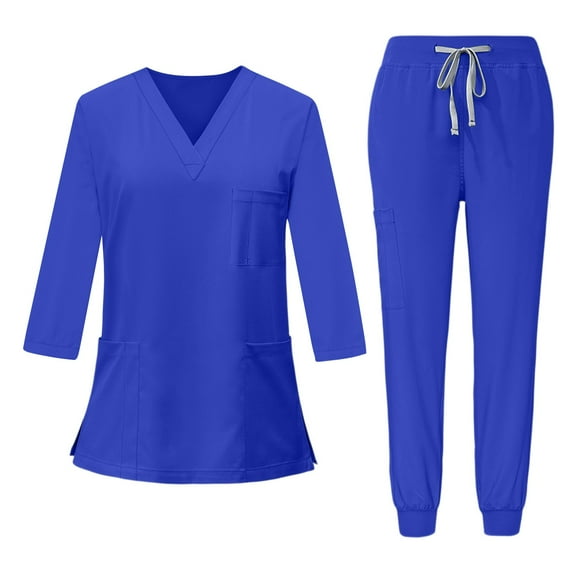 Mohiass Scrub Sets for Woman V-Neck 3/4 Sleeve Tops and Long Pants Solid Color Nurse Uniform with Pockets Blue M