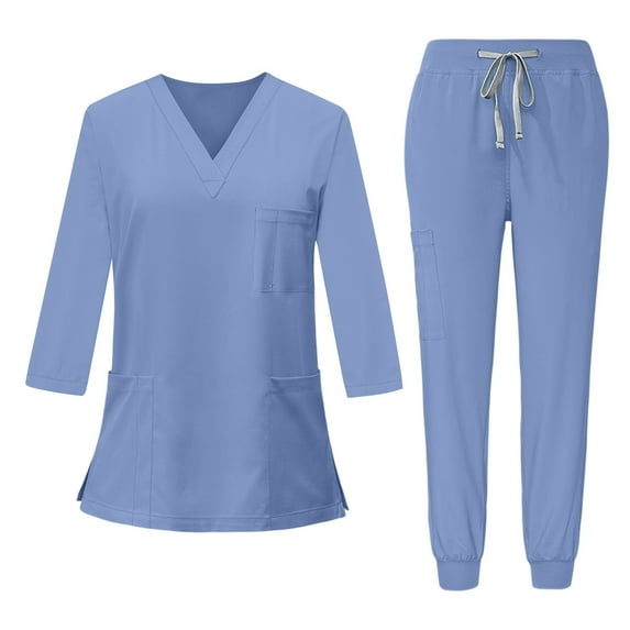 Mohiass Scrub Sets for Woman V-Neck 3/4 Sleeve Tops and Long Pants Solid Color Nurse Uniform with Pockets Light Blue XL