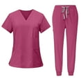 thumbnail image 1 of Mohiass Scrub Sets for Woman V-Neck Short Sleeve Tops and Long Pants Solid Color Nurse Uniform with Pockets Hot Pink S, 1 of 1
