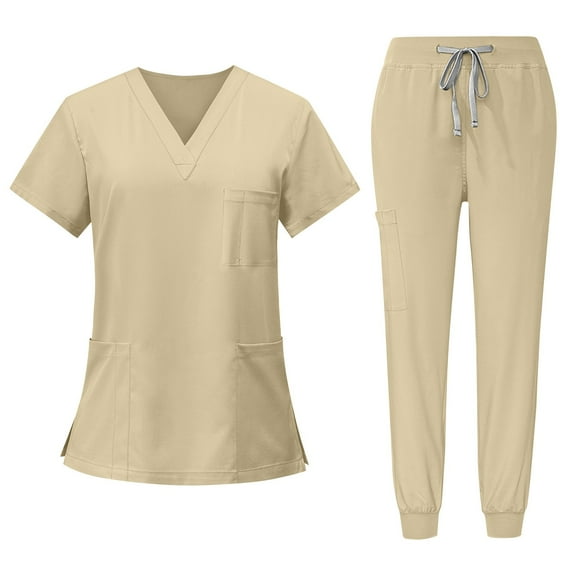 Mohiass Scrub Sets for Woman V-Neck Short Sleeve Tops and Long Pants Solid Color Nurse Uniform with Pockets Khaki 2XL