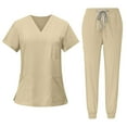 thumbnail image 1 of Mohiass Scrub Sets for Woman V-Neck Short Sleeve Tops and Long Pants Solid Color Nurse Uniform with Pockets Khaki M, 1 of 1