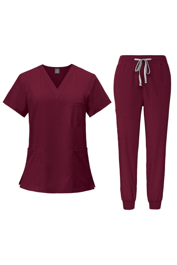 Scrubs for Women Set Clearance Professional V Neckline Nursing Scrubs Top and Jogger Pants Drawstring Stretch Medical Uniform with Pockets Wine XL