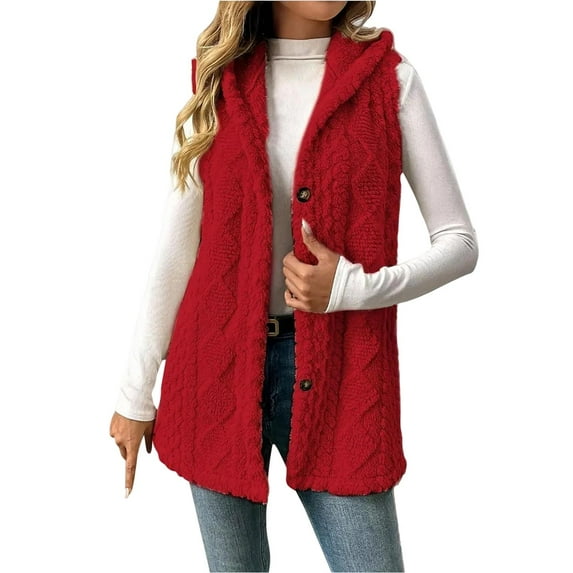 Mohiass Sherpa Vest Women with Hood Button Fleece Vest Soft Warm Lightweight Fall Jacket Open Front Cardigan Sweaters Red XL
