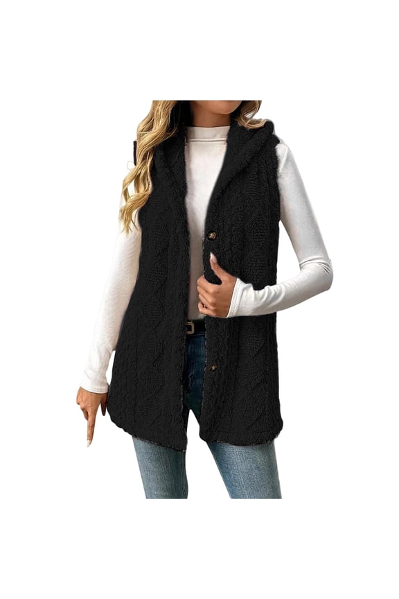 Sherpa Vests Womens Long Fleece Lined Hooded Jackets Button Down Sleevelesss Sweater Vests Fall Winter Outerwear Black XL