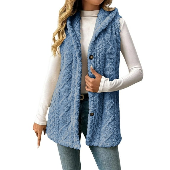 Mohiass Sherpa Vests Womens Long Fleece Lined Hooded Jackets Button Down Sleevelesss Sweater Vests Fall Winter Outerwear Blue L