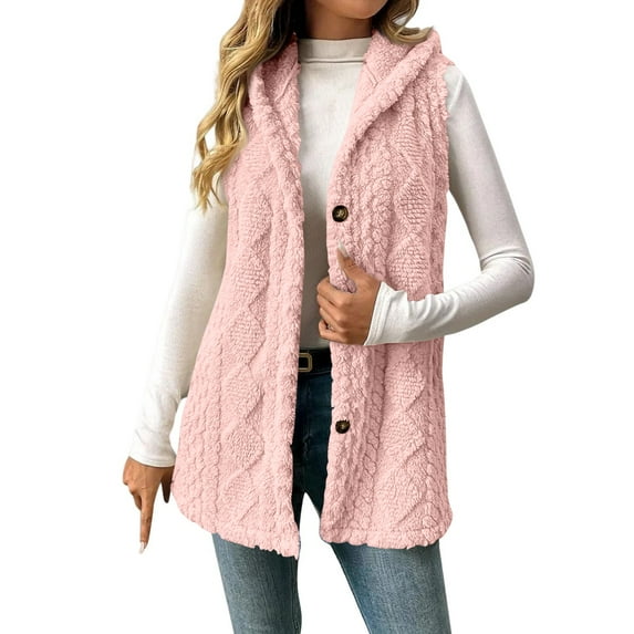 Mohiass Women Sleeveless Sherpa Outerwear Vests Long Button Down Fleece Lined Hooded Jackets Soft Comfy Fuzzy Sweater Vests Pink M