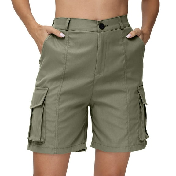 Mohiass Shorts for Women Cargo Shorts Knee Length 6 Pockets Elastic Waist Long Shorts for Summer Casual Army Green S