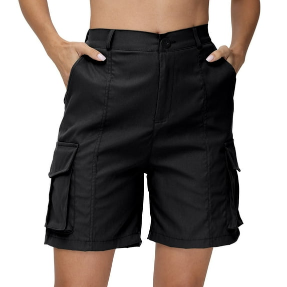 Mohiass Bermuda Shorts for Women Cargo Shorts Knee Length 6 Pockets Elastic Waist Long Shorts for Summer Casual Black M