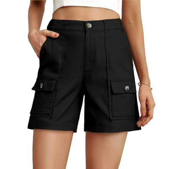 Mohiass Bermuda Shorts for Women Cargo Shorts Knee Length 6 Pockets Elastic Waist Long Shorts for Summer Casual Black M