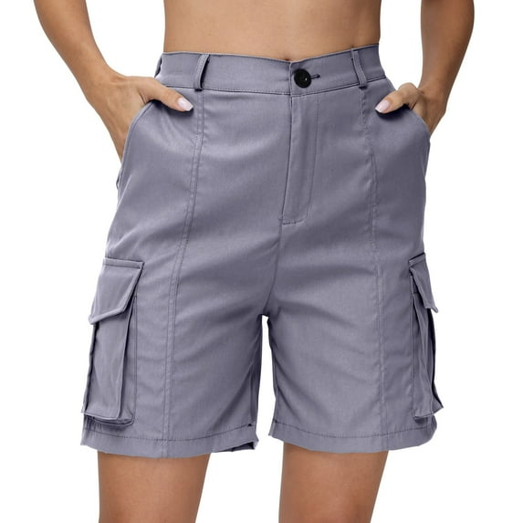 Mohiass Shorts for Women Cargo Shorts Knee Length 6 Pockets Elastic Waist Long Shorts for Summer Casual Gray L