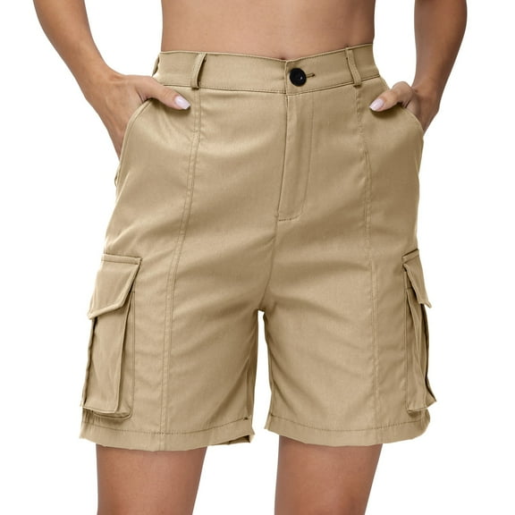 Mohiass Bermuda Shorts for Women Cargo Shorts Knee Length 6 Pockets Elastic Waist Long Shorts for Summer Casual Khaki M