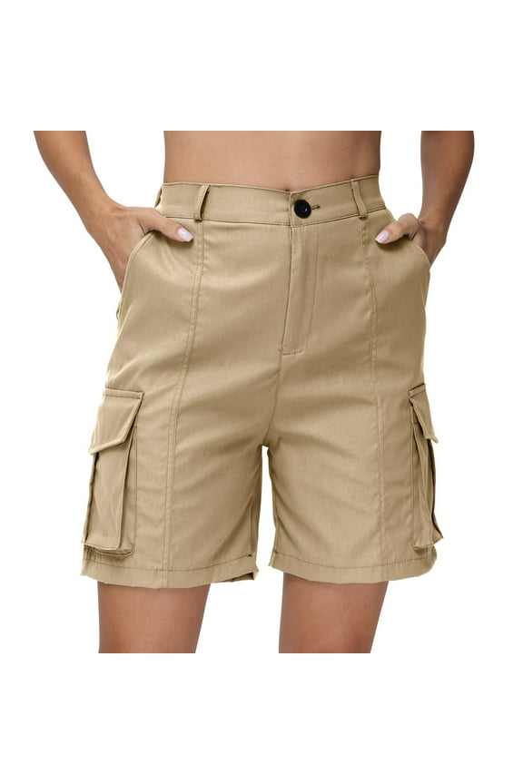 Bermuda Shorts for Women Cargo Shorts Knee Length 6 Pockets Elastic Waist Long Shorts for Summer Casual Khaki M