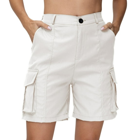 Mohiass Bermuda Shorts for Women Cargo Shorts Knee Length 6 Pockets Elastic Waist Long Shorts for Summer Casual White XL