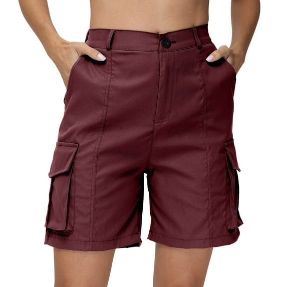 Mohiass Shorts for Women Cargo Shorts Knee Length 6 Pockets Elastic Waist Long Shorts for Summer Casual Wine M