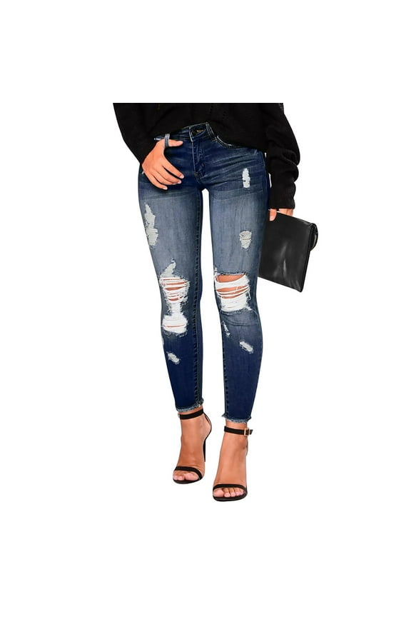 Skinny Jeans for Women High Waisted Ripped Stretchy Jeans Tummy Control Distressed Jeans Destroyed Denim Jeggings Dark Blue M