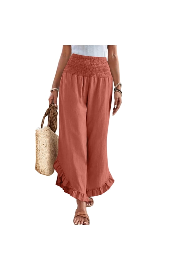 Smocked Waist Pants for Women with Leg Ruffle Boho Wide Leg Palazzo Pants Flowy Beach Ruffle Hem Trousers 2025 Summer Linen Pants with Pockets Orange 2XL