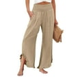 thumbnail image 1 of Mohiass Smocked Waist Pants for Women with Leg Ruffle Boho Wide Leg Ruffle Hem Trousers Flowy Beach Linen Pants Summer 2025 Palazzo Pants with Pockets Light Brown M, 1 of 5
