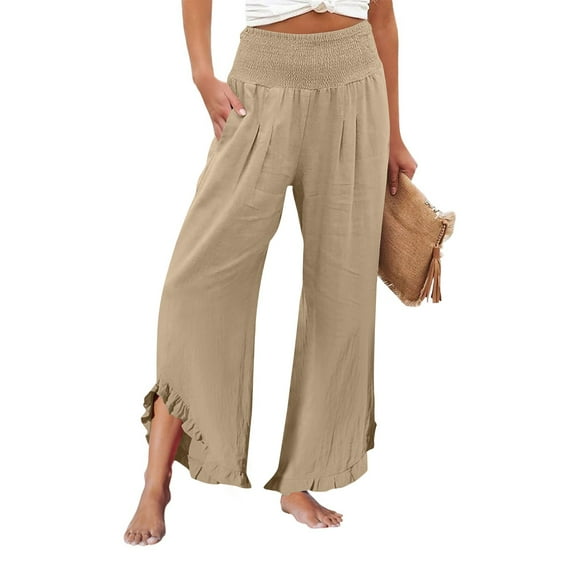 Mohiass Smocked Waist Pants for Women with Leg Ruffle Boho Wide Leg Ruffle Hem Trousers Flowy Beach Linen Pants Summer 2025 Palazzo Pants with Pockets Light Brown M