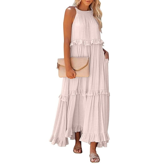 Mohiass Solid Color Halter Ruffle Maxi Dress for Women Sleeveless Casual 2024 Ruched Long Dress Beige 2XL