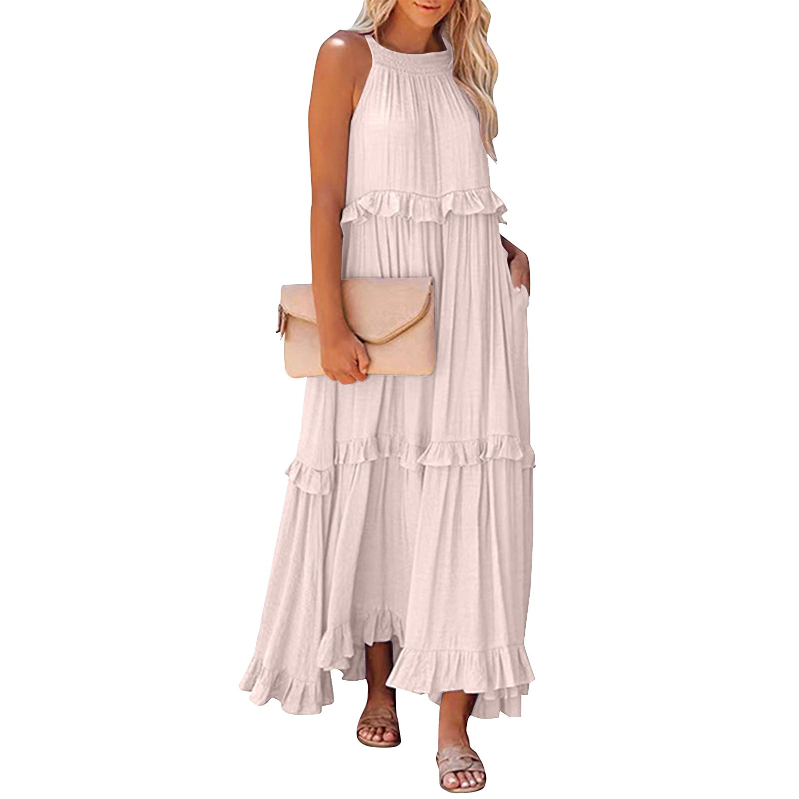 Mohiass Solid Color Halter Ruffle Maxi Dress for Women Sleeveless Casual  2024 Ruched Long Dress Beige M - Walmart.com