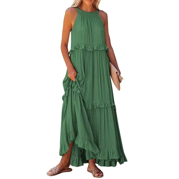 Mohiass Solid Color Halter Ruffle Maxi Dress for Women Sleeveless Casual 2024 Ruched Long Dress Green 2XL