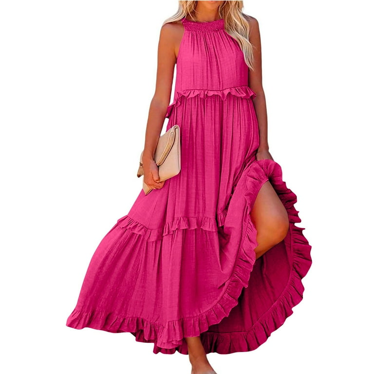 Mohiass Solid Color Halter Ruffle Maxi Dress for Women Sleeveless