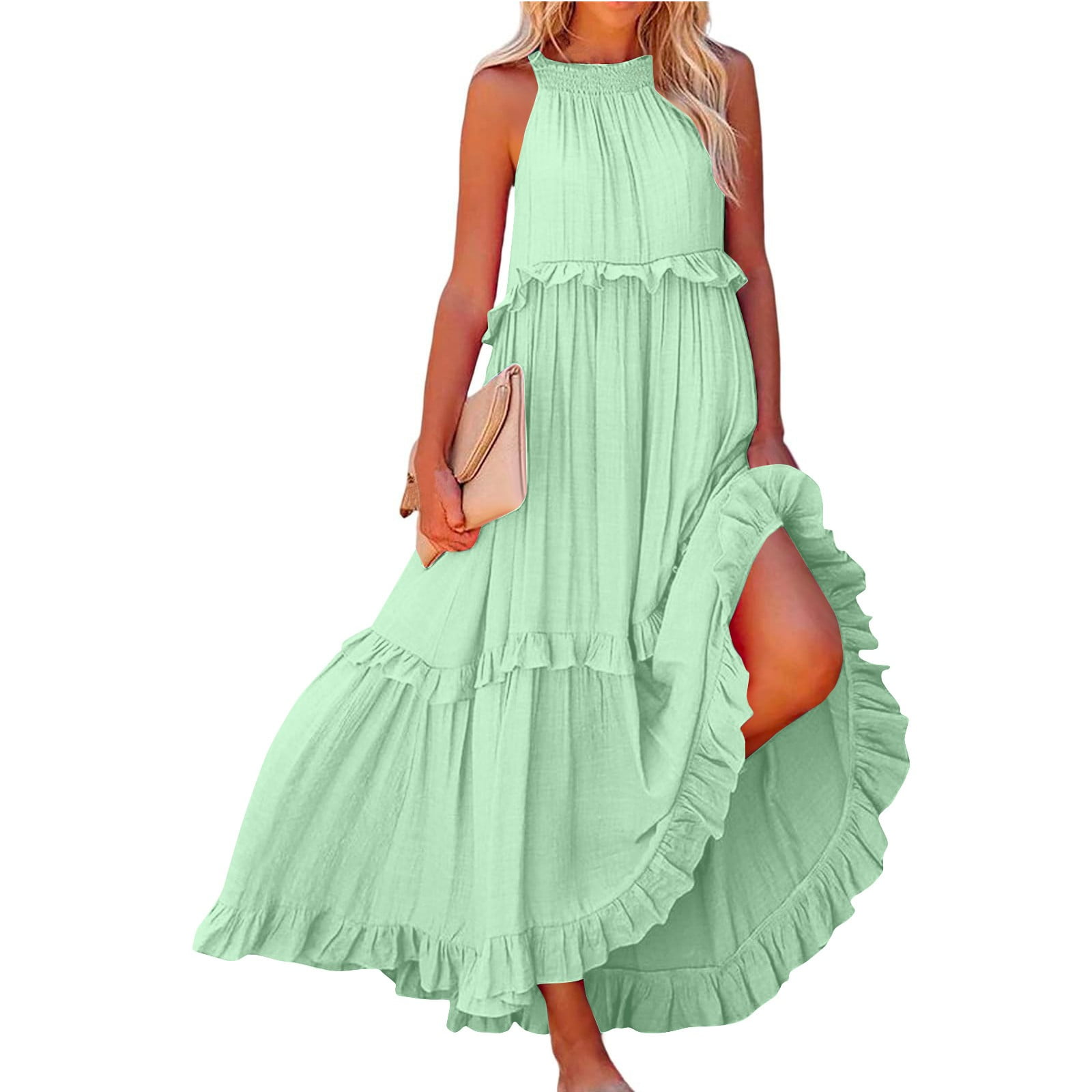 Mohiass Solid Color Halter Ruffle Maxi Dress for Women Sleeveless Casual  2024 Ruched Long Dress Mint Green S - Walmart.com