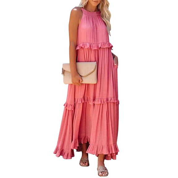 Mohiass Solid Color Halter Ruffle Maxi Dress for Women Sleeveless Casual 2024 Ruched Long Dress Pink 2XL