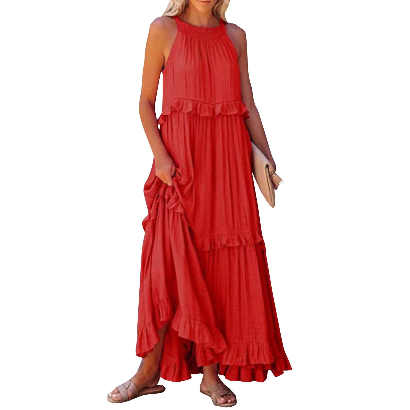 red halter ruffle dress Embellished Halter Neck Ruffle Maxi Dress in Red - 10