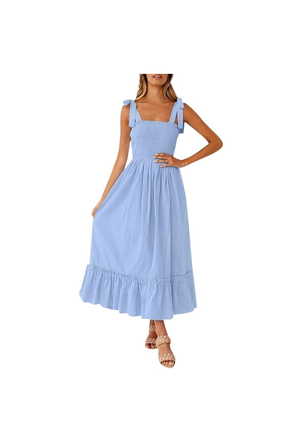 Spring Dresses for Women 2024,Women's 2024 Summer Boho Spaghetti Strap Square Neck Solid Color Ruffle A Line Beach Long Maxi Dress Light Blue M