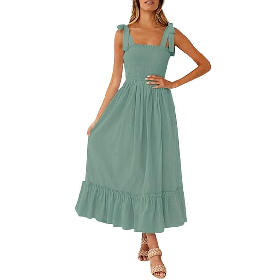 Mohiass Spring Dresses for Women 2024,Women's 2024 Summer Boho Spaghetti Strap Square Neck Solid Color Ruffle A Line Beach Long Maxi Dress Mint Green S