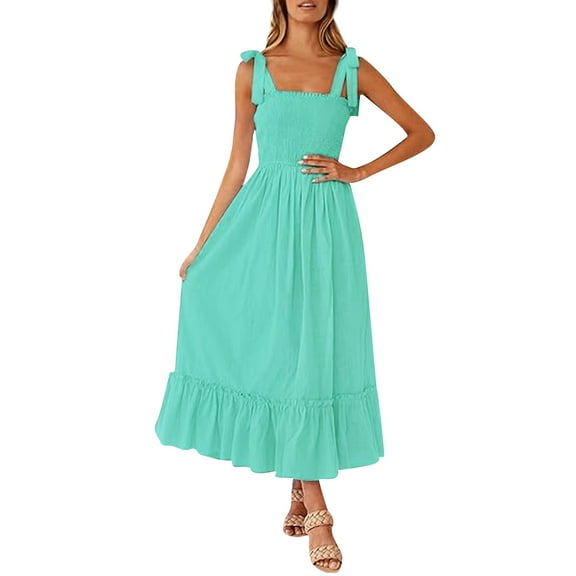 Mohiass Spring Dresses for Women 2024,Women's 2024 Summer Boho Spaghetti Strap Square Neck Solid Color Ruffle A Line Beach Long Maxi Dress Green M