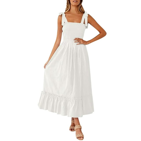 Mohiass Spring Dresses for Women 2024,Women's 2024 Summer Boho Spaghetti Strap Square Neck Solid Color Ruffle A Line Beach Long Maxi Dress White M