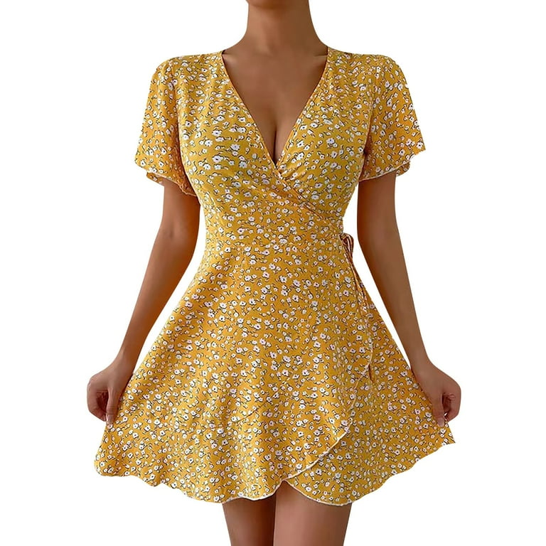 Chiffon Short Sleeve Print V Neck Floral Dresses Chiffon Short Sleeve Print V Neck Floral Dresses